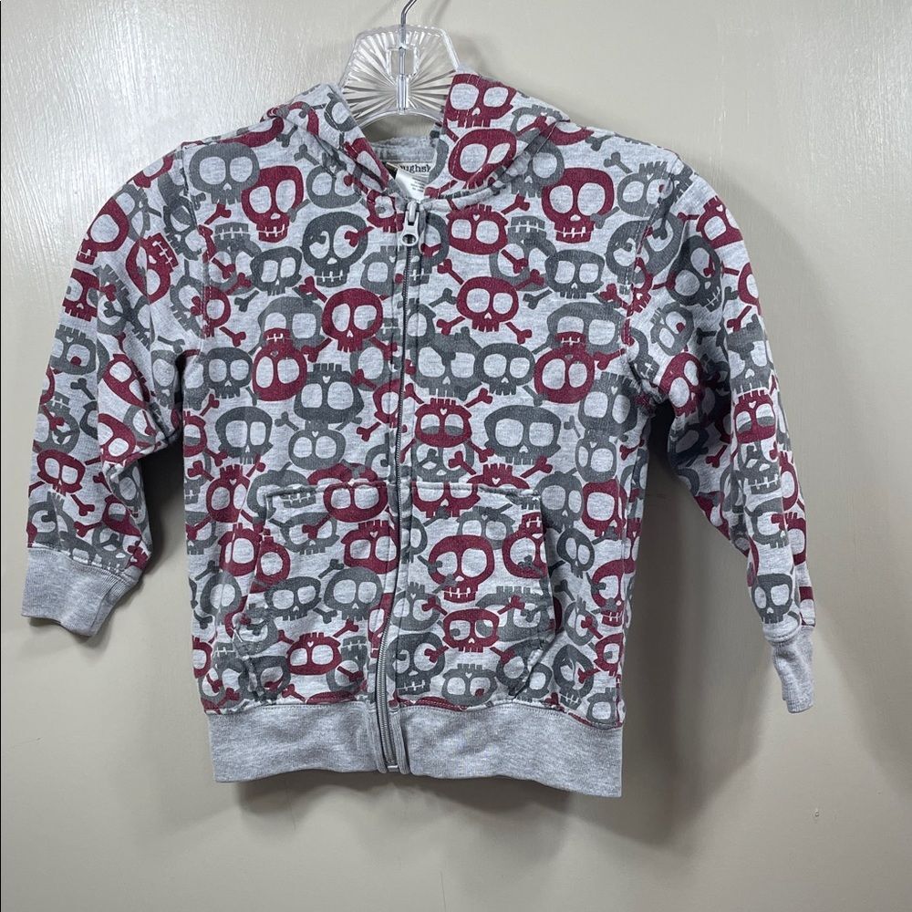 Toughskins Grey Zip Hoodie with Maroon Skull Print